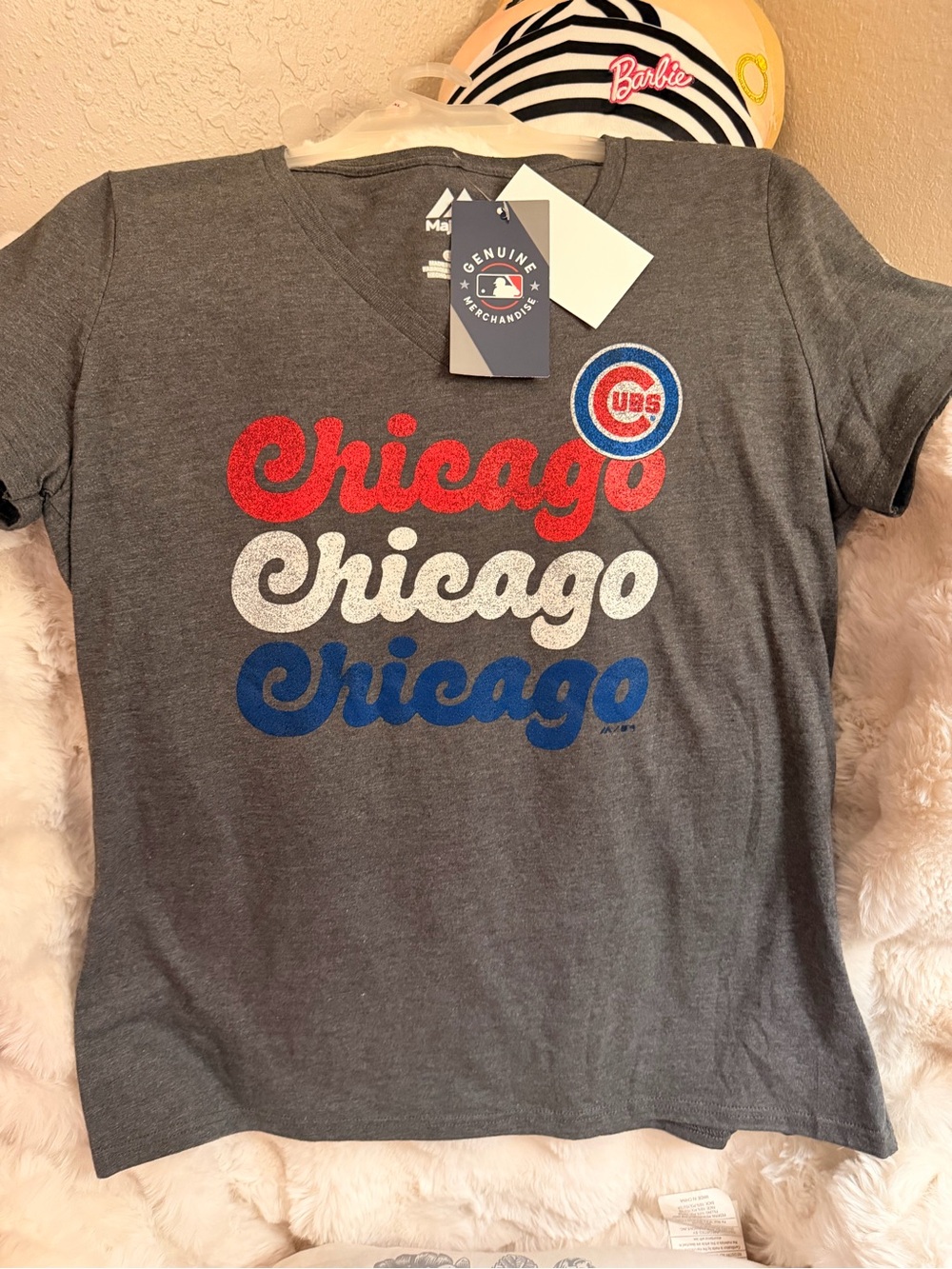 MLB Chicago Glitter Script Tee - Gray with Red, White, Blue